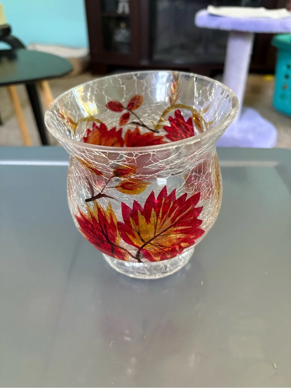 Glass autumn fall decorative vase with leaves